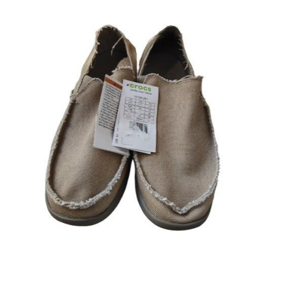 NWT Crocs Santa Cruz Slip On Canvas Loafers Men Size 11 Tan Khaki Frayed